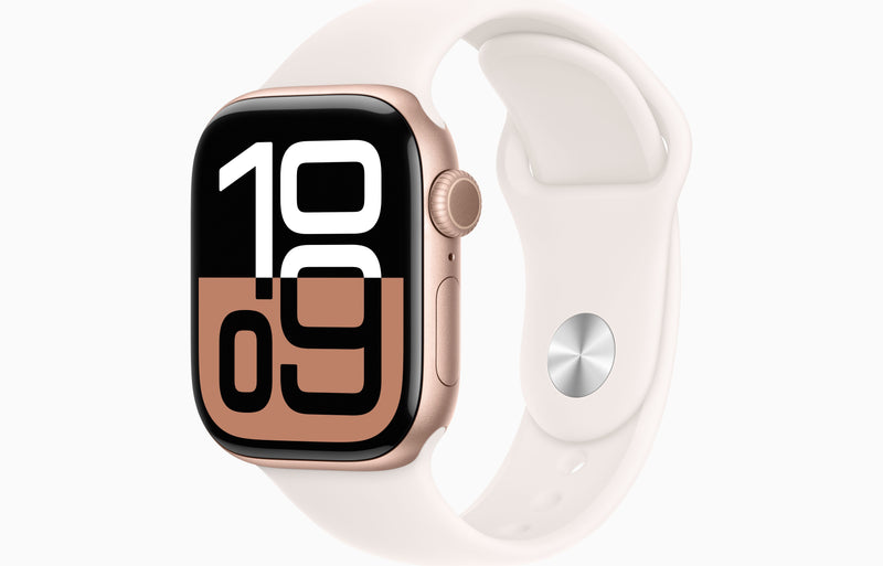 Apple Watch Series 10 | GPS | 46 mm | Caixa de alumínio em ouro rosa | Pulseira desportiva rosa-claro S/M