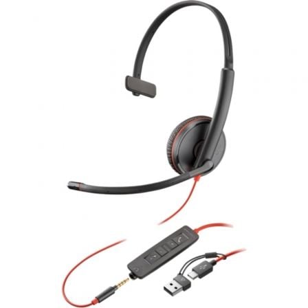 Poly Blackwire 3215 + 3,5 mm + adaptador USB-C| A | com microfone | entrada 3,5 - USB tipo C | a granel | preto