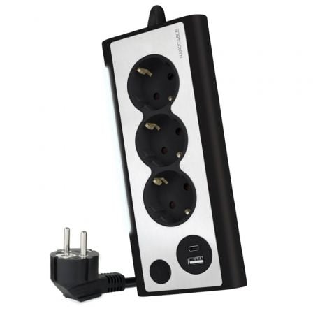 Nanocable 10.37.0013-BK com interruptor | 3 tomadas | 1 USB | 1 USB tipo C | Cabo de 1,5 m | Preto