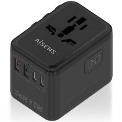 Aisens ASPS-2A3C09-BK GaN para viagens | Disparo universal | 3x USB Tipo-C | 2x USB | 35W